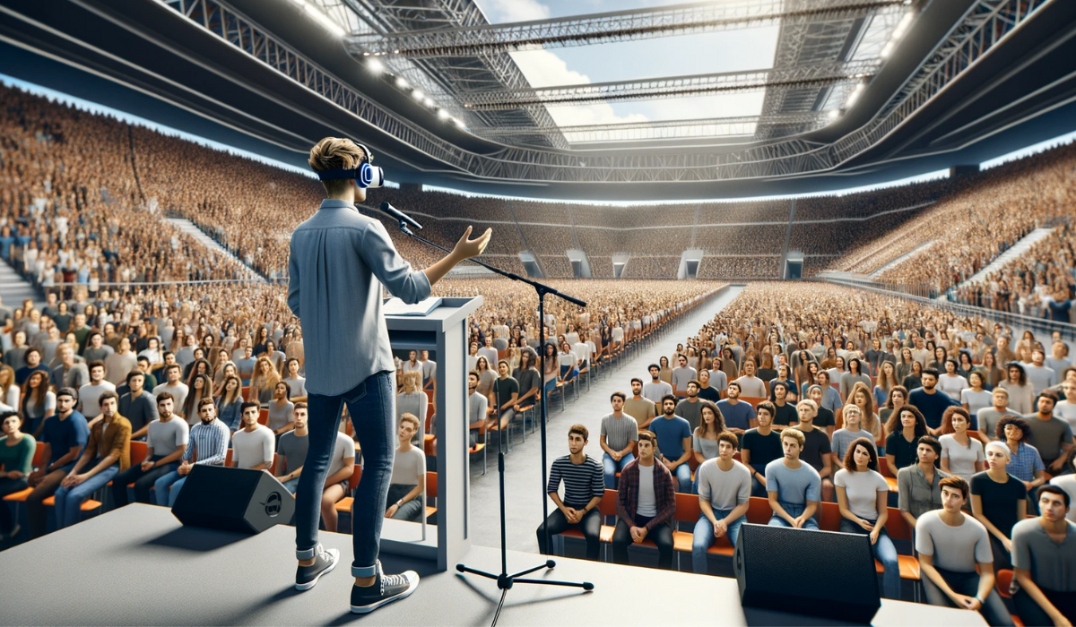 Person wearing VR goggles speaking in front of large audience in a stadium. Image created with AI