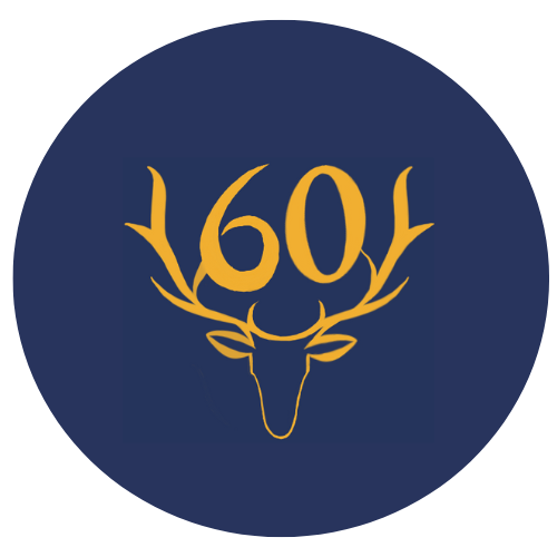 60th anniversary logo (number 60 with stag antlers) yellow on blue background. 