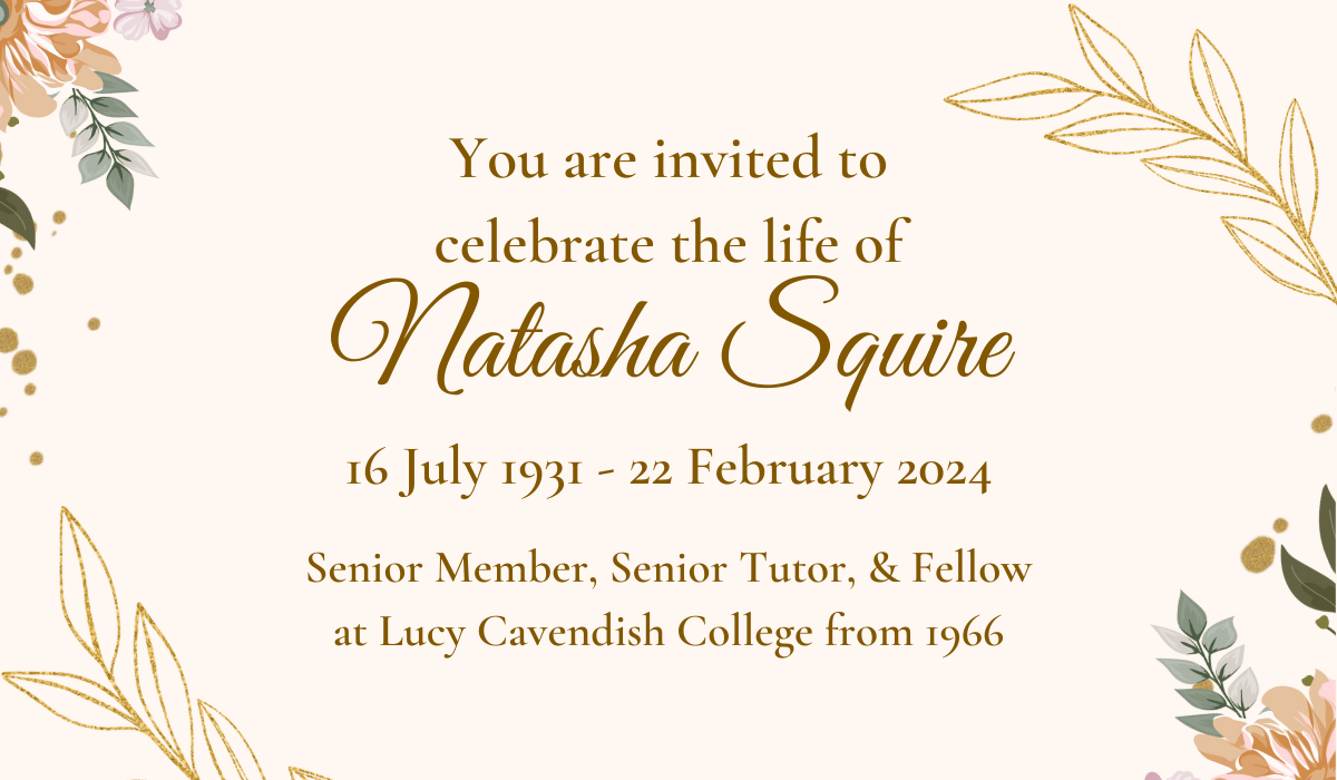 Natasha Squire celebration of life invite. Gold text on pink background