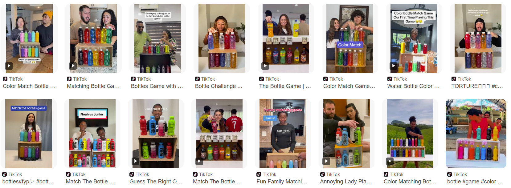 Collage of TikTok video thumbnails showing various participants engaging in a 'Color Match Bottle' game. The game involves players matching or arranging colored bottles on a wooden shelf in various configurations. Each video features different individuals or groups smiling and competing in the bottle-matching challenge, with vibrant colors of bottles displayed prominently in every frame.