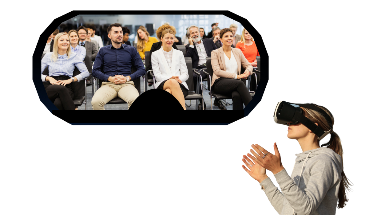 woman wearing headset with view of vr audience