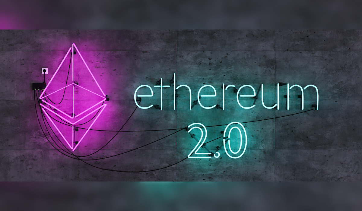 displayed in neon lights - purple ethereum diamond-shaped logo - text that reads ethereum 2.0