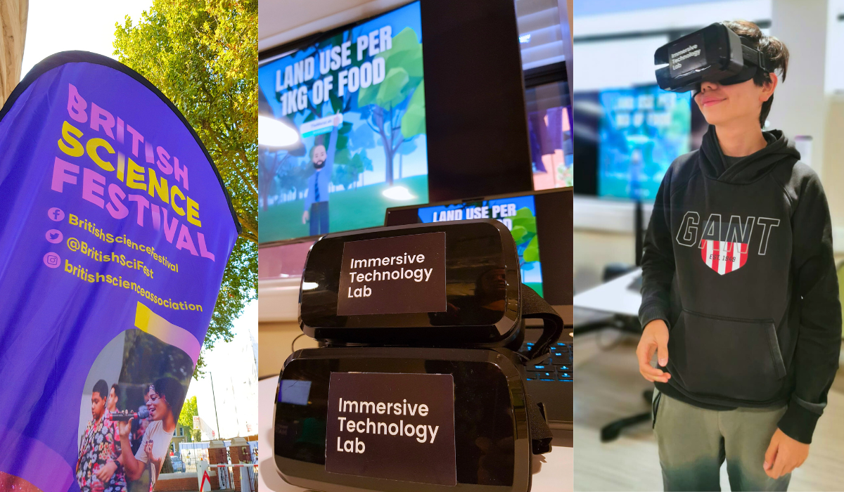 Three-part collage featuring activities from the British Science Festival. On the left, a bright purple and yellow banner reads 'British Science Festival' with social media handles and a website. In the center, two VR headsets labeled 'Immersive Technology Lab' are stacked, with a background screen displaying an educational video on 'Land Use Per 1KG of Food.' On the right, a young person wearing a black 'GANT' hoodie engages in a VR experience with one of the headsets on."