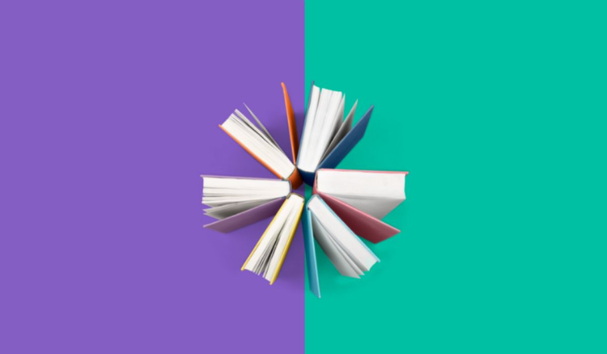 Five books in a circle on a green and purple background