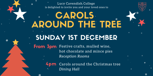 Save the Date announcement for 'Carols Around the Tree' event on Sunday, 1st December from 3 PM. The image features festive decorations with colorful Christmas trees, stars, and a snowy night sky background, inviting attendees to an afternoon of crafts, mulled wine, hot chocolate, mince pies, and Christmas carols.