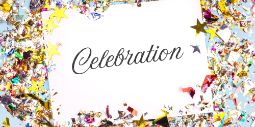 A white card with the word "Celebration" written in elegant black script, surrounded by colorful confetti and shiny star-shaped decorations on a light blue background.