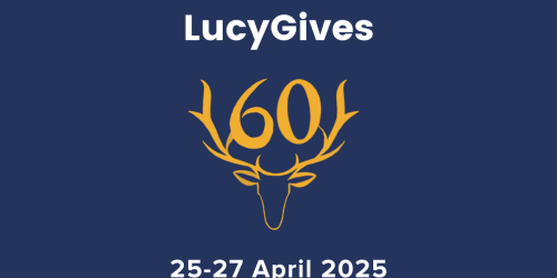 Gold logo made of a stylised stag head and 60, on blue background. White text reads: LucyGives, 25-27 April