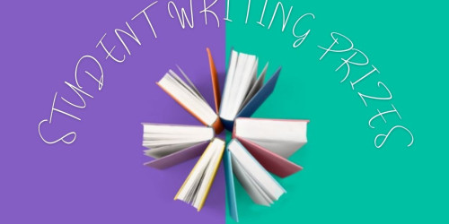 Books in a circle on purple and green background with text reading: Student Writing Prizes