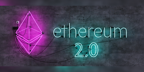 displayed in neon lights - purple ethereum diamond-shaped logo - text that reads ethereum 2.0