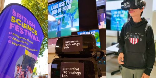 Three-part collage featuring activities from the British Science Festival. On the left, a bright purple and yellow banner reads 'British Science Festival' with social media handles and a website. In the center, two VR headsets labeled 'Immersive Technology Lab' are stacked, with a background screen displaying an educational video on 'Land Use Per 1KG of Food.' On the right, a young person wearing a black 'GANT' hoodie engages in a VR experience with one of the headsets on."