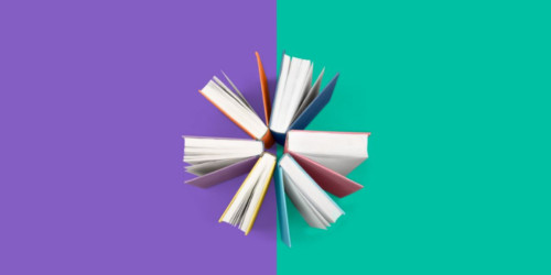 Five books in a circle on a green and purple background